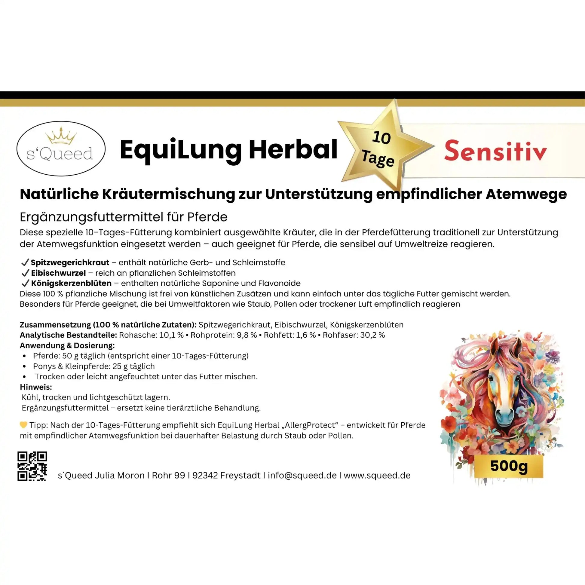 EquiLung Herbal Sensitiv Hustenkräuter Für Pferde Zur Unterstützung Empfindlicher Atemwege 10 Tage Fütterung by s`Queed