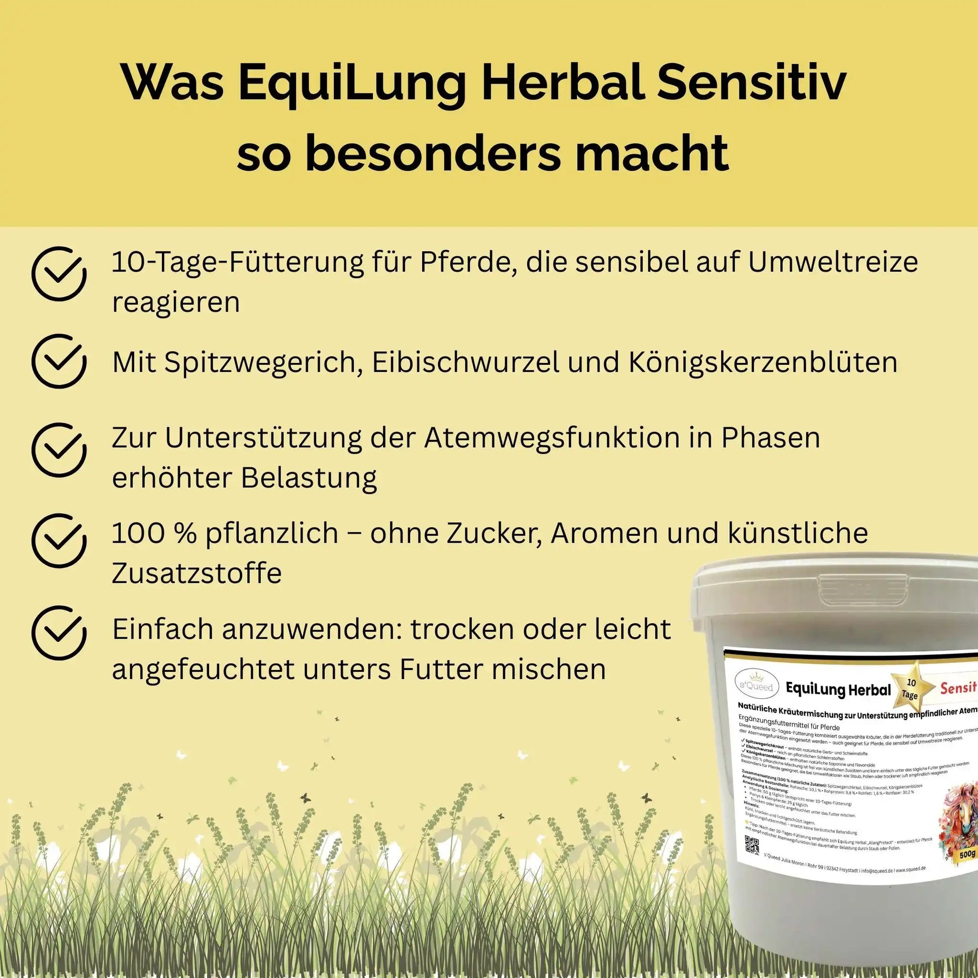 EquiLung Herbal Sensitiv Hustenkräuter Für Pferde Zur Unterstützung Empfindlicher Atemwege 10 Tage Fütterung by s`Queed