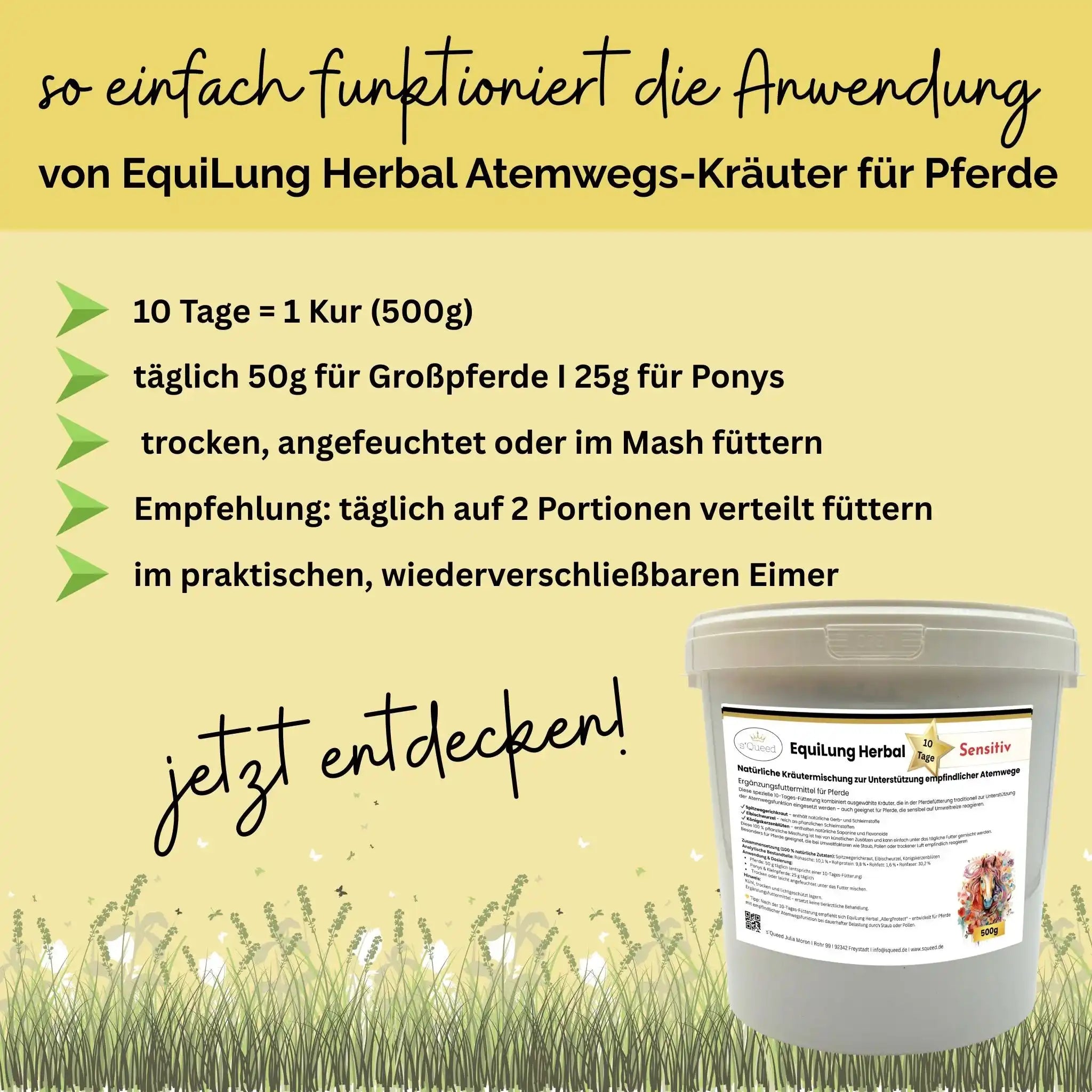 EquiLung Herbal Sensitiv Hustenkräuter Für Pferde Zur Unterstützung Empfindlicher Atemwege 10 Tage Fütterung by s`Queed