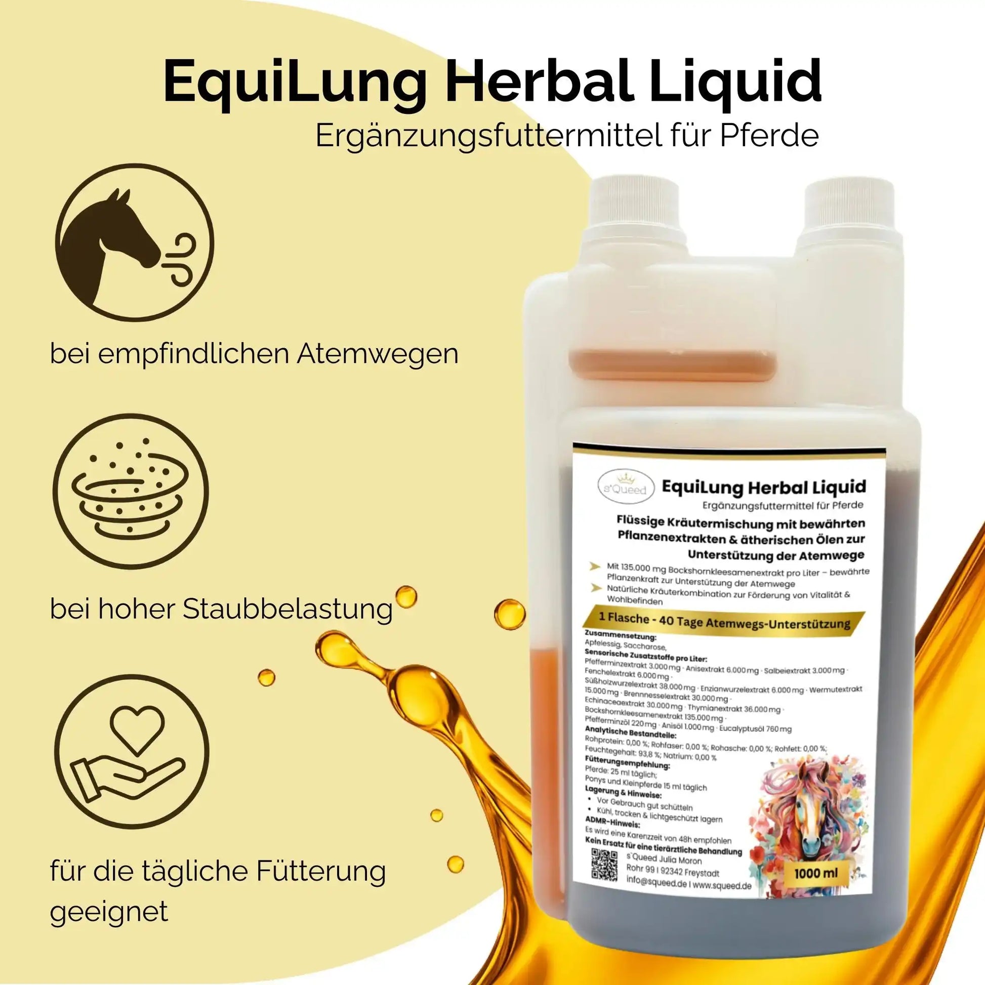 EquiLung Herbal Liquid Mit Natürlichen Pflanzenextrakten Ätherischen Ölen Zur Unterstützung Der Atemwege Bei Pferden by s`Queed