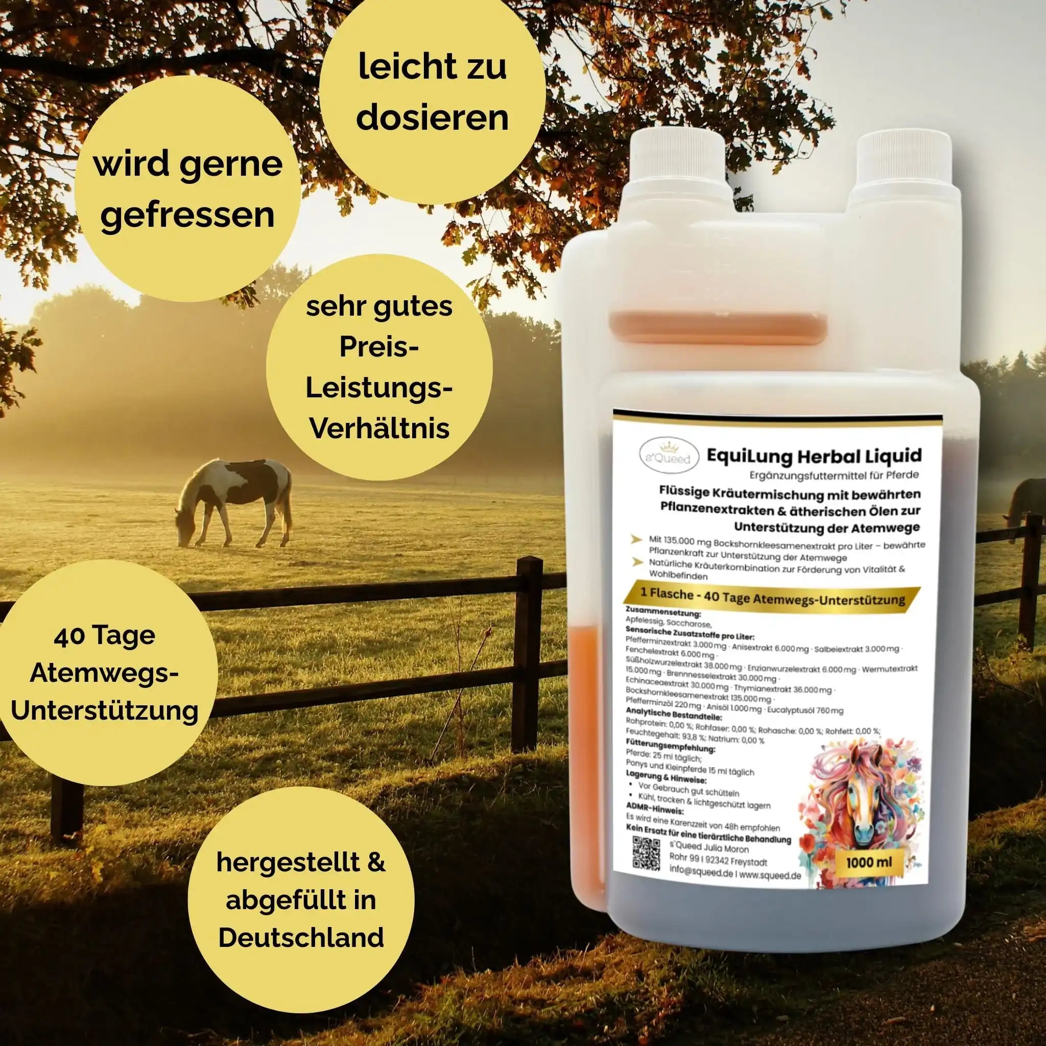 EquiLung Herbal Liquid Mit Natürlichen Pflanzenextrakten Ätherischen Ölen Zur Unterstützung Der Atemwege Bei Pferden by s`Queed