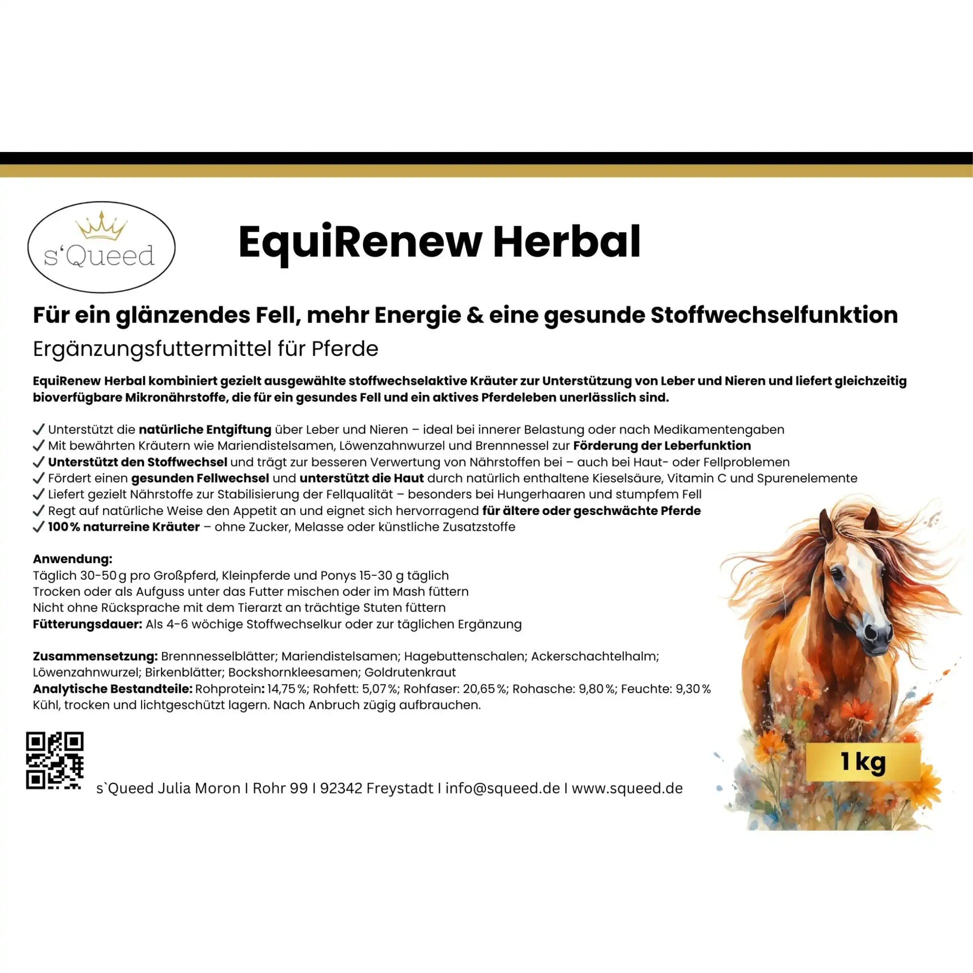 EquiRenew Herbal Fellwechsel Beim Pferd Unterstützen Mit Stoffwechsel Kräutern Für Leber Und Nieren Entgiftung Pferd by s`Queed