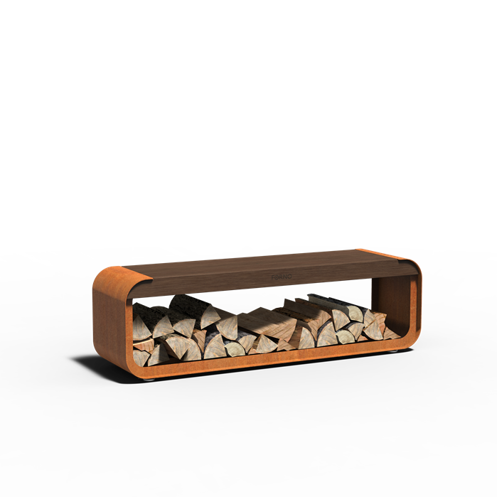 Cortenstahl Holzlager SERRA mit Sitz