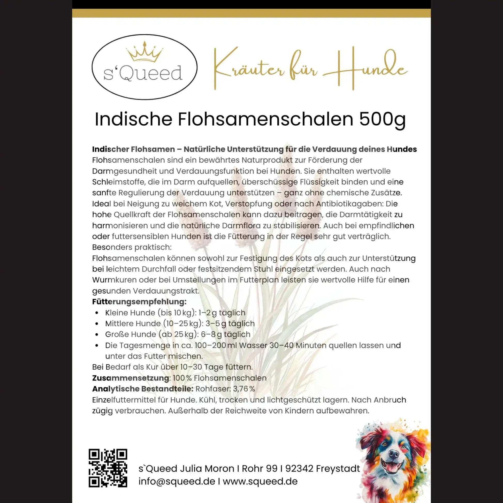 Flohsamenschalen Hund 500 g Naturrein Indischer Wegerich Für Hunde Zur Gesunden Verdauung Als Einzelfuttermittel by s`Queed