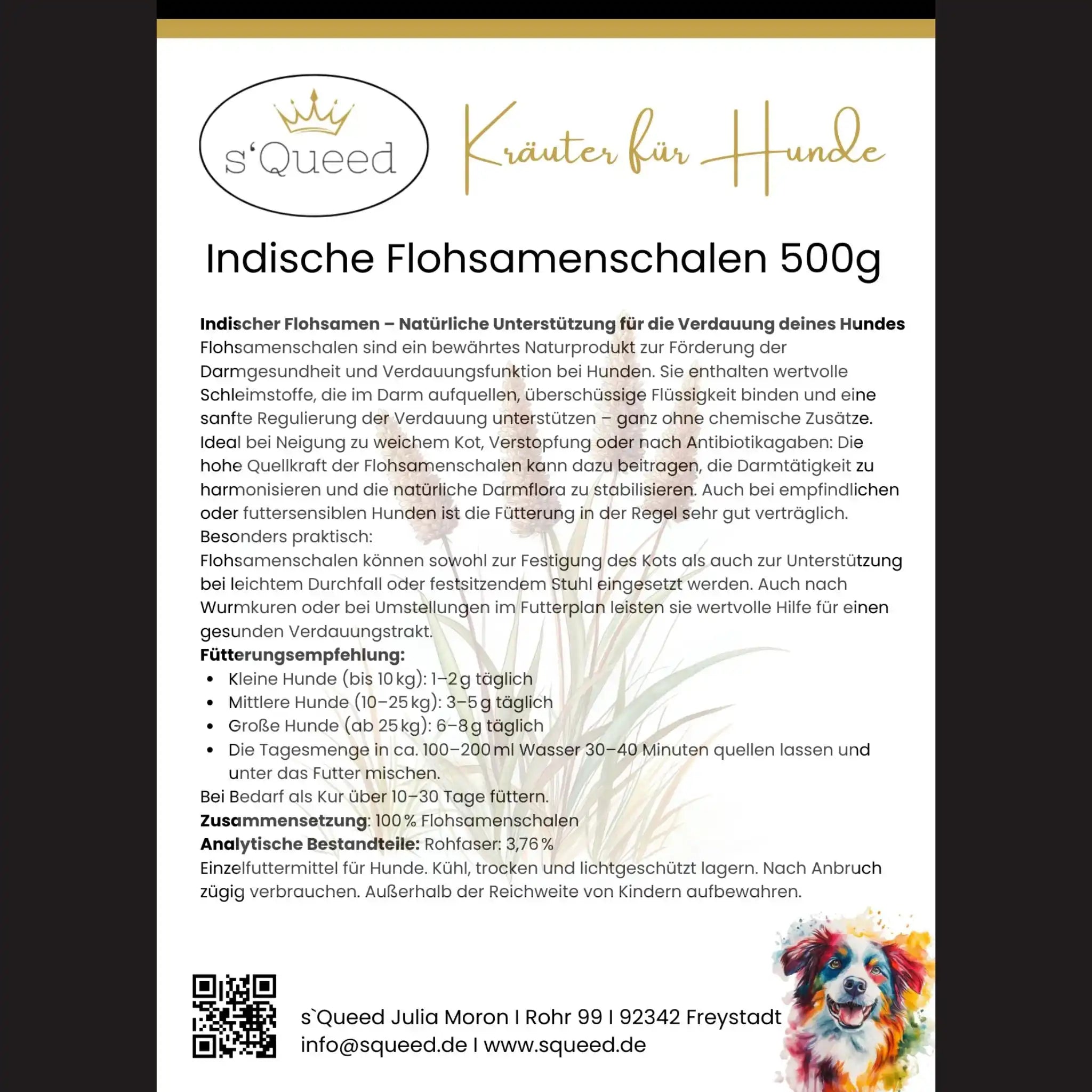 Flohsamenschalen Hund 500 g Naturrein Indischer Wegerich Für Hunde Zur Gesunden Verdauung Als Einzelfuttermittel by s`Queed