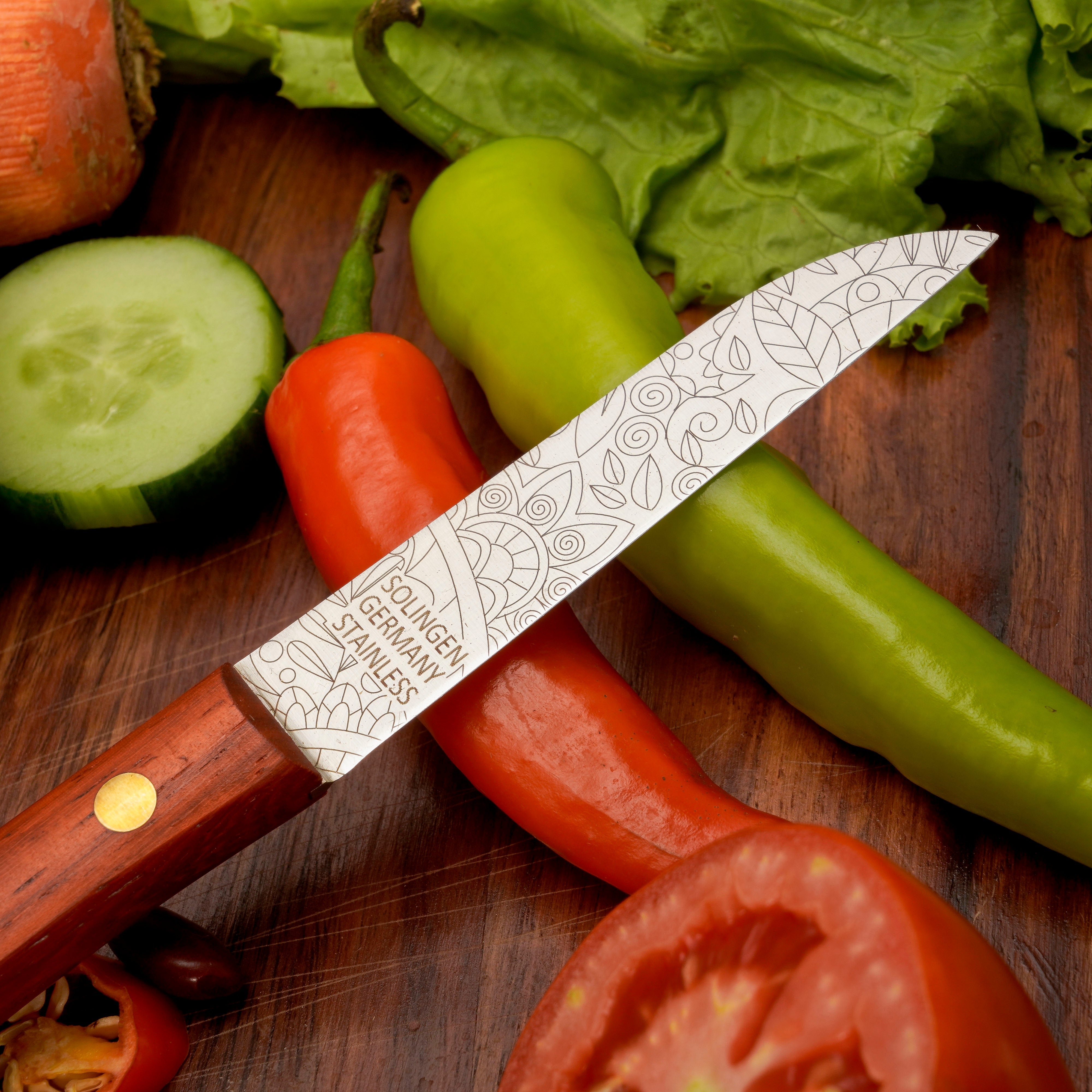 Gemüsemesser Zöppken Style Aus Solingen Mit Dünnschliff Technologie Edler Holzgriff Und Lasergravur Rostfrei Ergonomisch