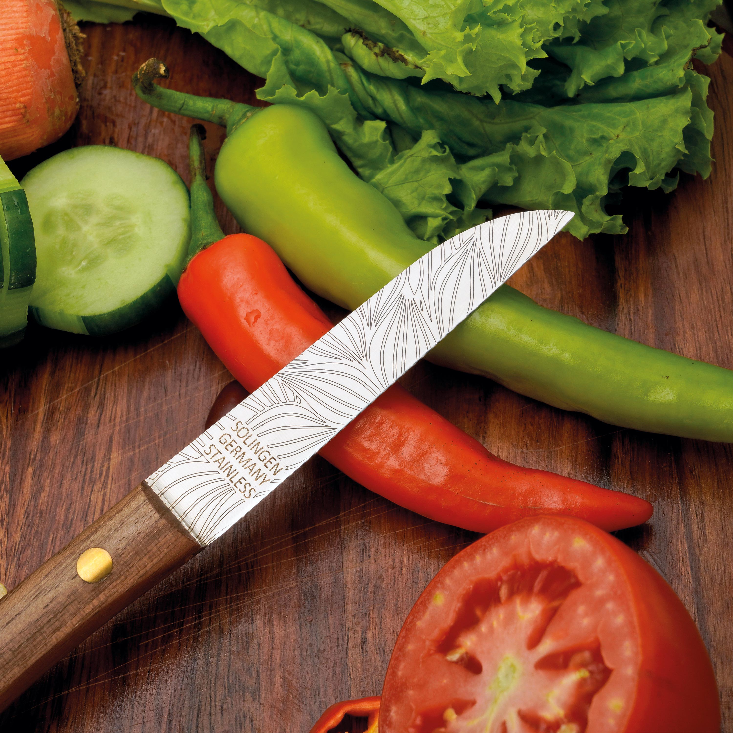 Gemüsemesser Zöppken Style Aus Solingen Mit Dünnschliff Technologie Edler Holzgriff Und Lasergravur Rostfrei Ergonomisch