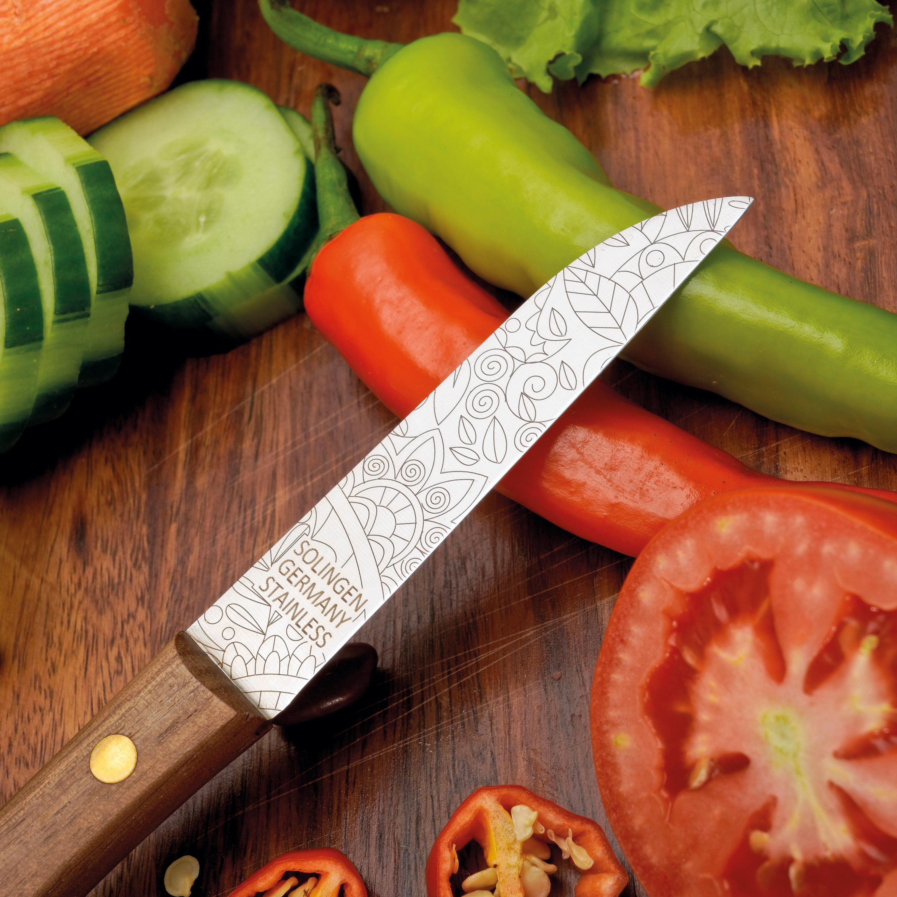 Gemüsemesser Zöppken Style Aus Solingen Mit Dünnschliff Technologie Edler Holzgriff Und Lasergravur Rostfrei Ergonomisch