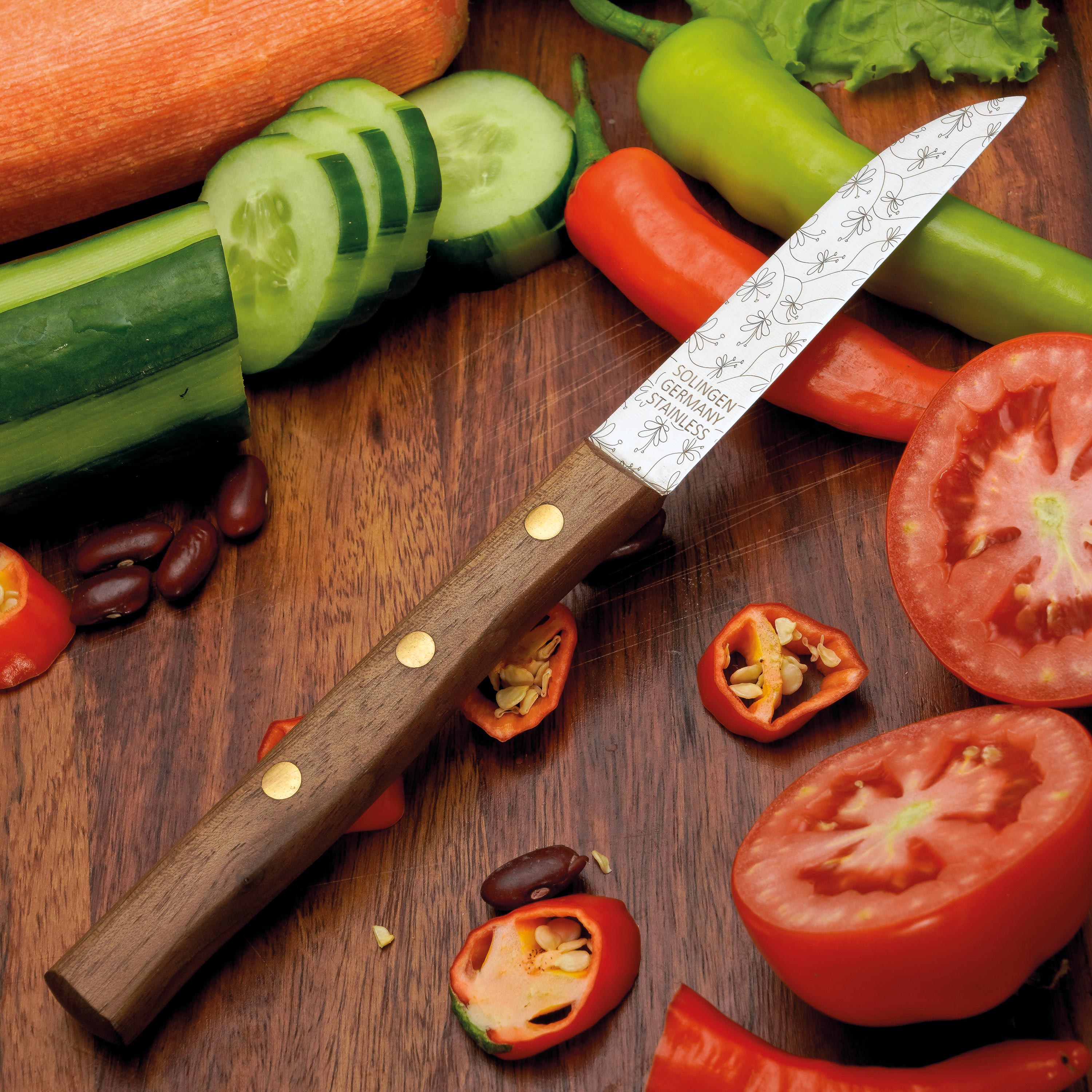 Gemüsemesser Zöppken Style Aus Solingen Mit Dünnschliff Technologie Edler Holzgriff Und Lasergravur Rostfrei Ergonomisch