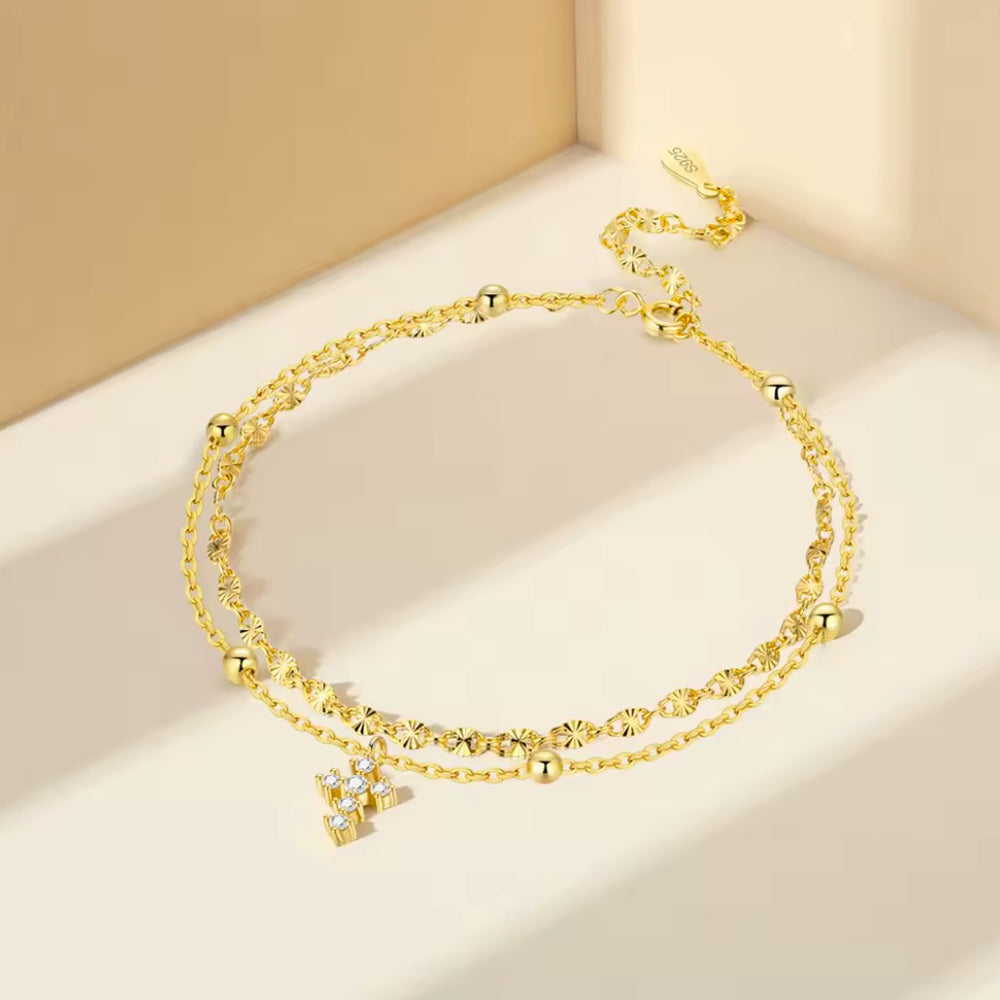 Fußkettchen aus 925er Sterling Silber, doppellagige Kette mit Kreuzanhänger