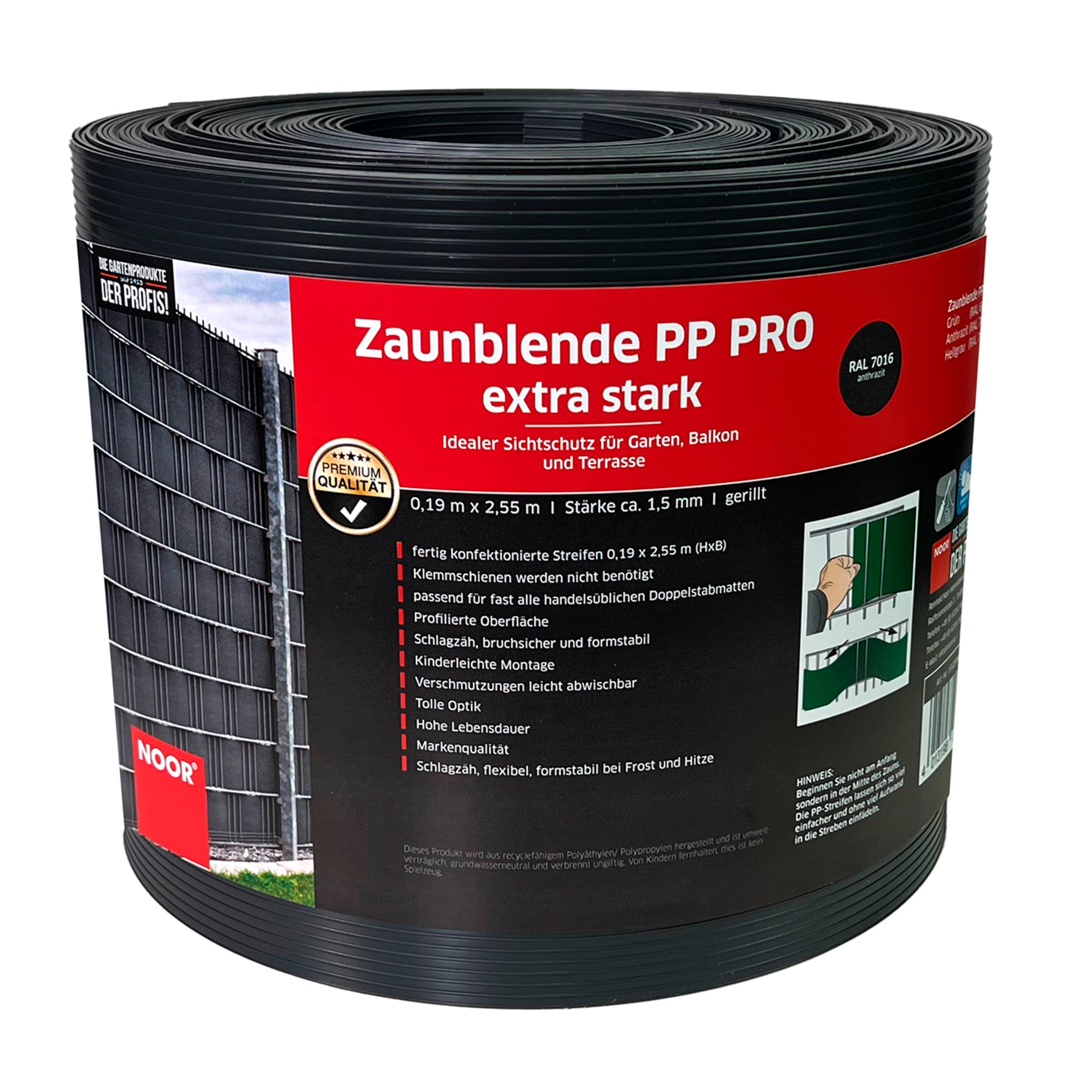 Sichtschutzstreifen PP PRO Extrastark | 1,5 mm | 0,19x2,55 m