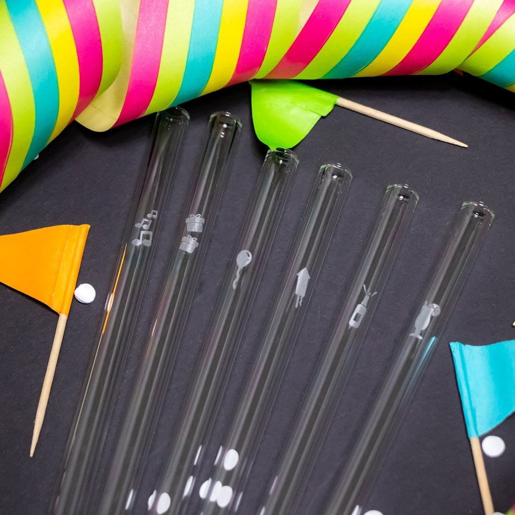 Birthday Party Edition 6x Glasstrohhalme mit gravierten Motiven - 15cm, 20cm, 23cm
