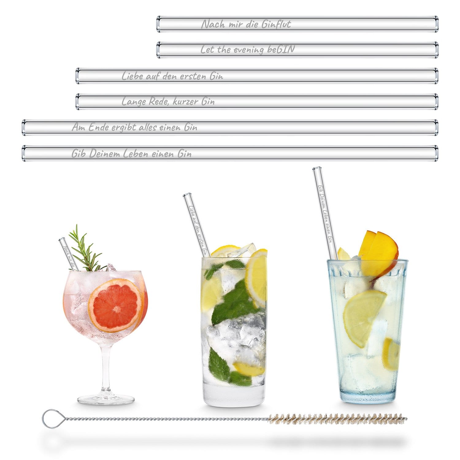 Gin Edition 6x Glasstrohhalme mit gravierten Gin-Sprüchen in Deutsch 15cm, 20cm und 23cm