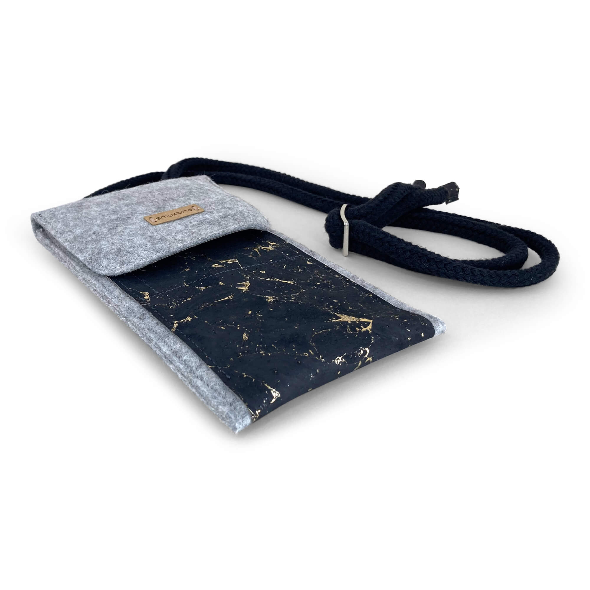 Umhängetasche für iPhone 15 | aus Filz und Bio-Baumwolle | hellgrau - schwarz | Modell KEDJA deluxe