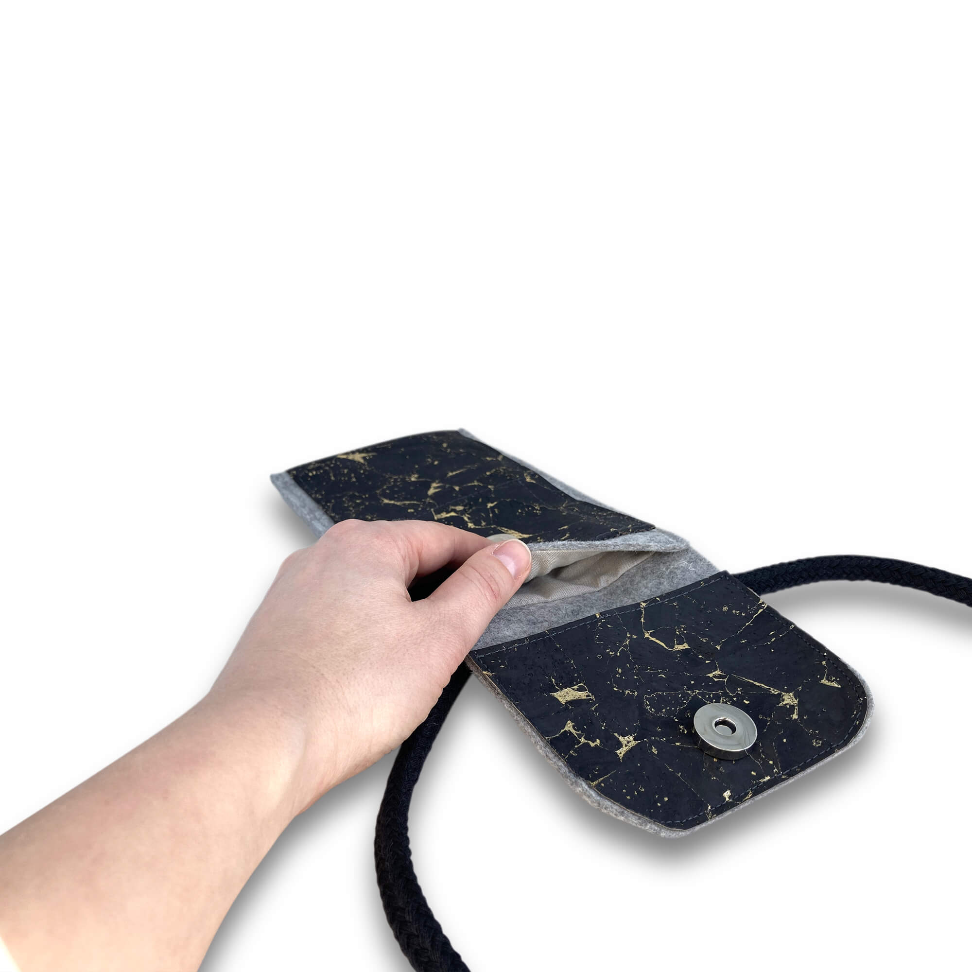 Umhängetasche für Fairphone 5 | aus Filz und Bio-Baumwolle | hellgrau - schwarz | Modell KEDJA deluxe