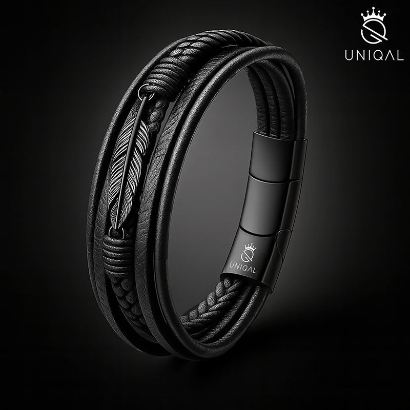 Black Feather Lederarmband Edelstahl Gravurbar Unisex Größen 19 21 23 Cm Inklusive Luxus Etui Gratis