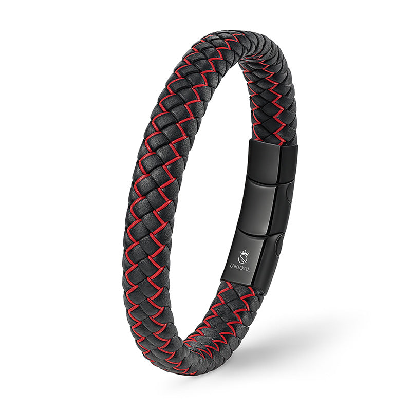 FIRE Lederarmband Unisex Mit Magnetverschluss Und Verlängerungsglied Schwarz Mit Feuerroter Faden Gravierbar Luxus Etui