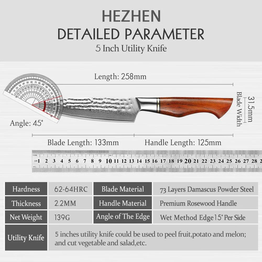 HEZHEN Santoku Damastmesser Master Series 5 Zoll Klinge 73 Lagen Premium Qualität