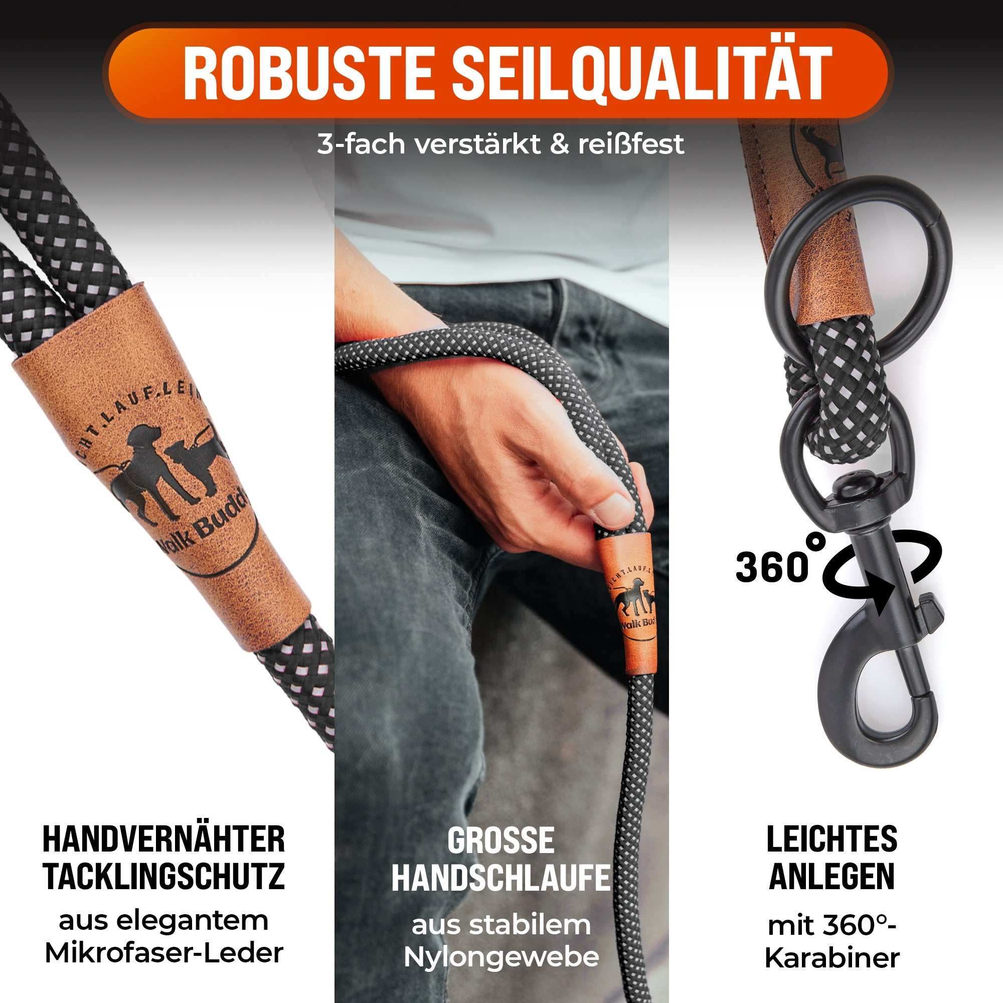 Reflektionsleine GLOW stark reflektierend mit Handschlaufe und vegan by Benny Burton