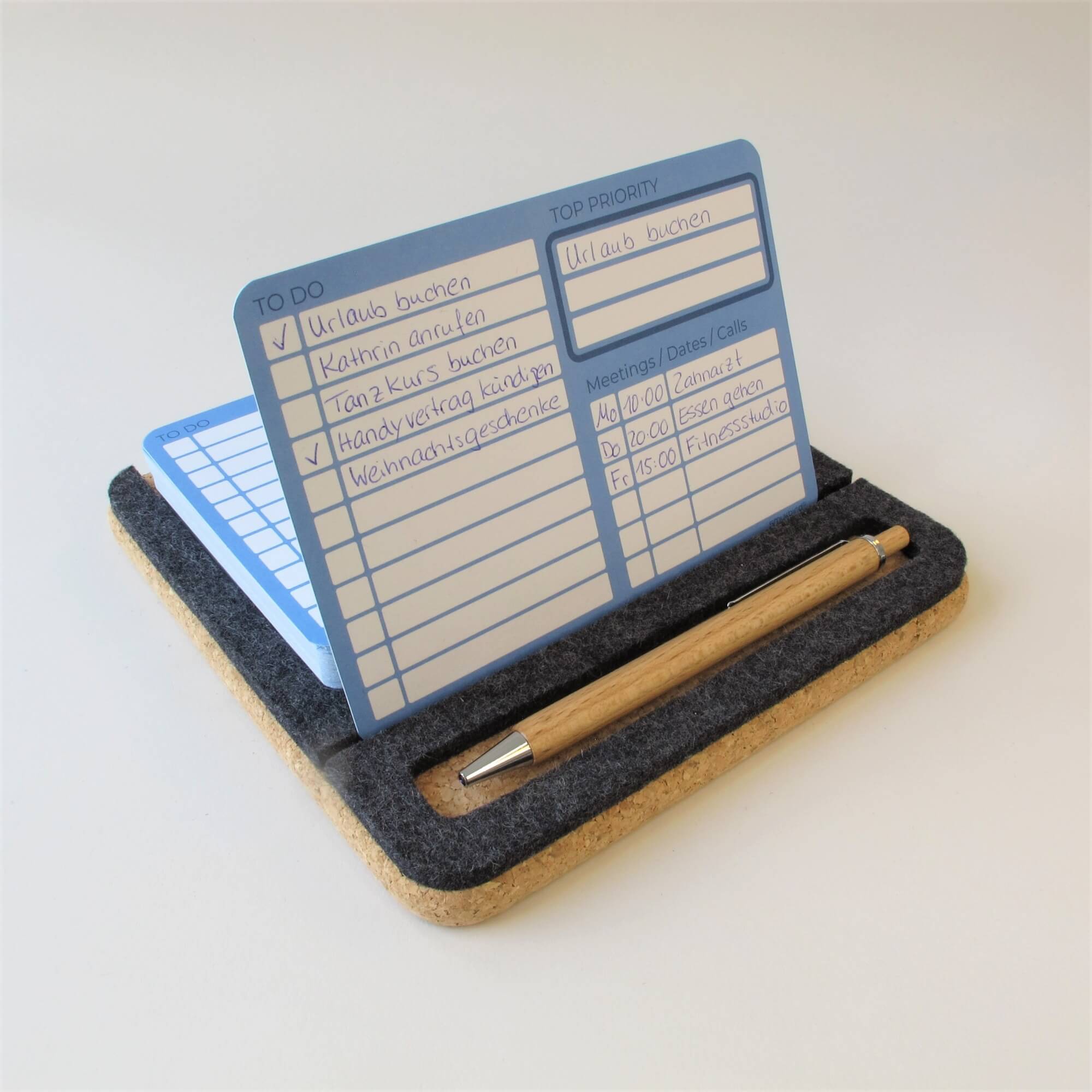 Notizzettelhalter "ToDo" inkl. 50 Karten und Holz-Kugelschreiber | aus Filz und Kork | anthrazit