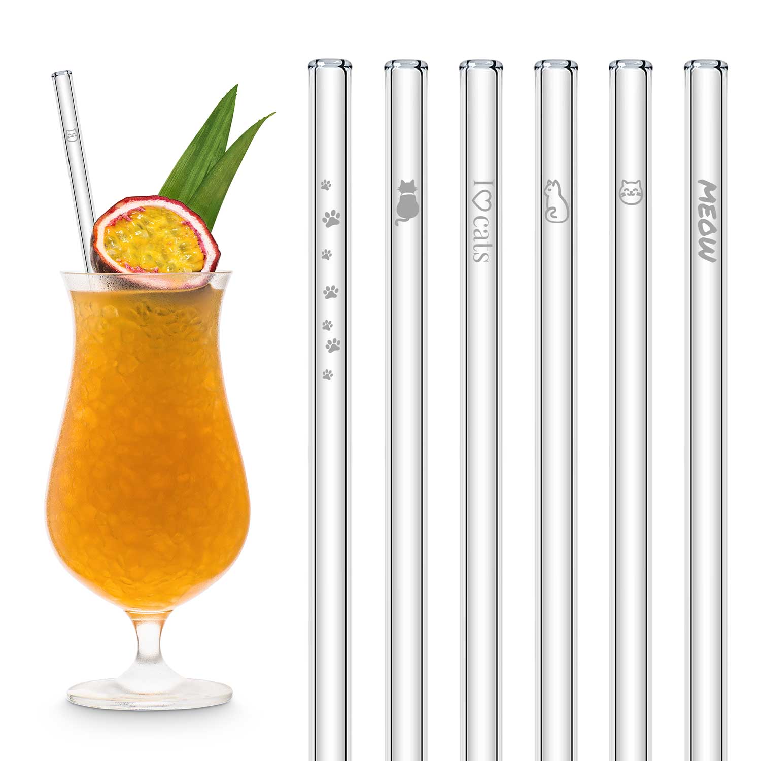 Süße Katzen Edition 6x Glasstrohhalme mit gravierten Kater & Katzen Motiven 15cm, 20cm, 23cm