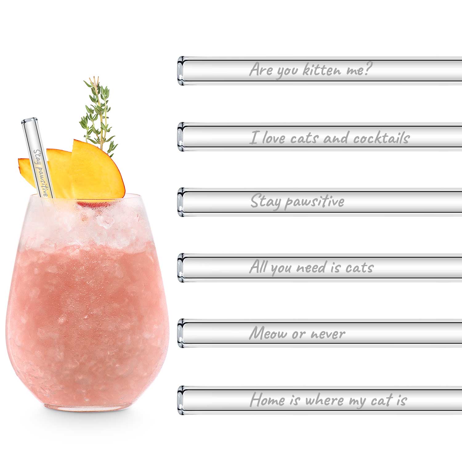 Katzen Sprüche Edition 6x Glasstrohhalme mit gravierten Katzen Zitaten 15cm, 20cm, 23cm