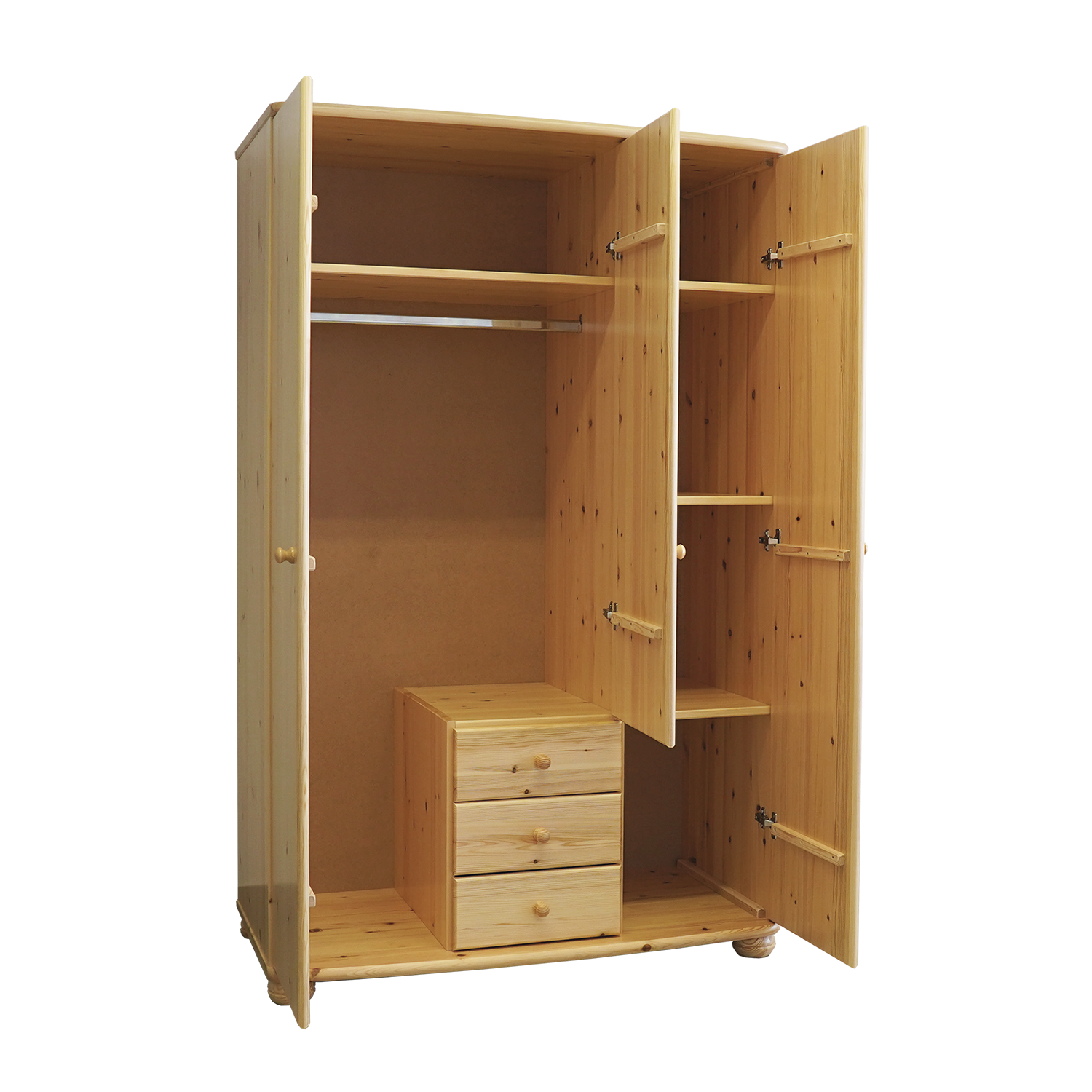 Claudia Hotel Kleiderschrank | 3-Türig | Regalböden | 3-Schubladen | 100% Bio Kiefer Massivholz