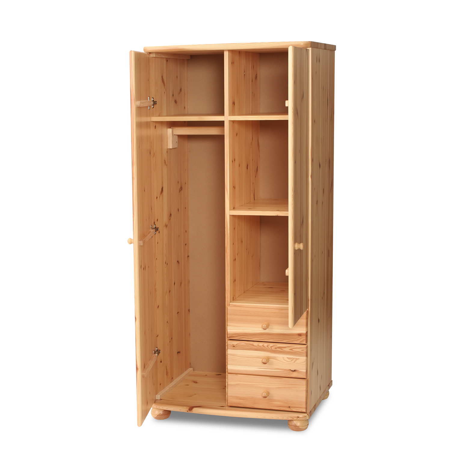 Claudia Kleiderschrank | 2-Türig mit Kleiderstange | 3-Schubladen | 100% Bio Kiefer Massivholz