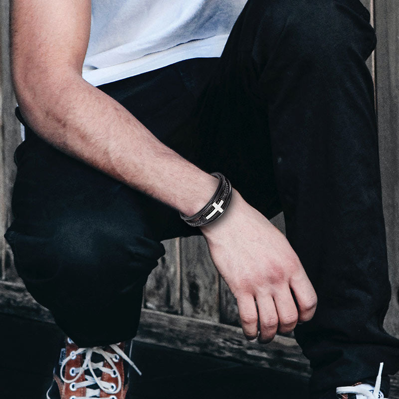 Silver Heaven Lederarmband Unisex Echtes Rindsleder Mit Edelstahl Kreuz Gravierbar Größen 19 21 23 Cm Geschenkbeutel