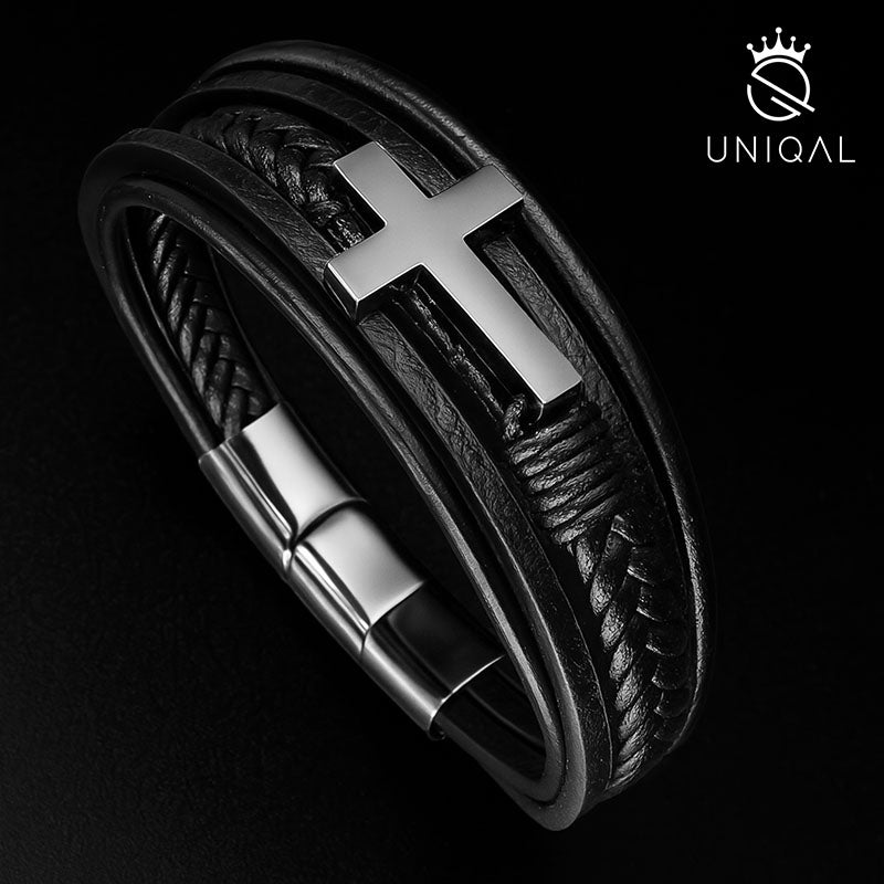 Silver Heaven Lederarmband Unisex Echtes Rindsleder Mit Edelstahl Kreuz Gravierbar Größen 19 21 23 Cm Geschenkbeutel