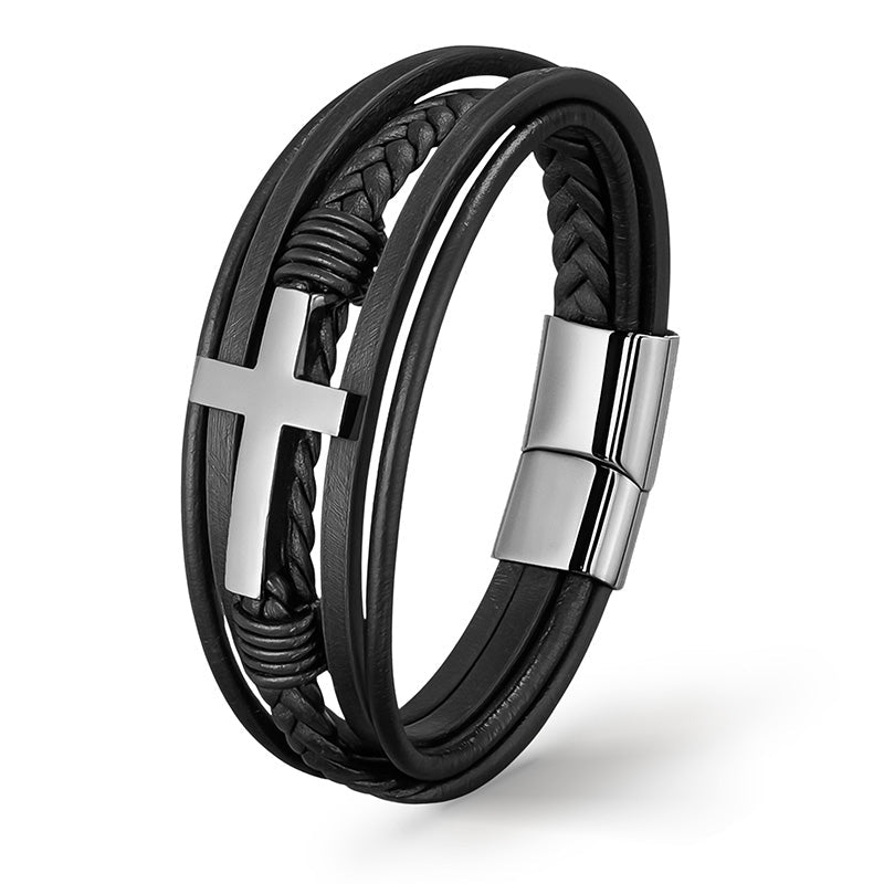 Silver Heaven Lederarmband Unisex Echtes Rindsleder Mit Edelstahl Kreuz Gravierbar Größen 19 21 23 Cm Geschenkbeutel