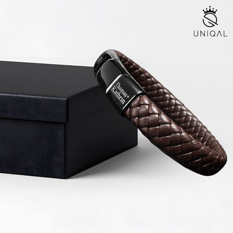 Desire Armband Geflochtenes Echtleder Dunkelbraun Edelstahl Magnetverschluss Verlängerungsglied Gravierbar 19 21 23 cm