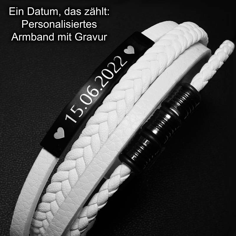 White Shape Lederarmband Echtes Rindsleder Edelstahl Akzenten Gravierbar Unisex Größen 19 21 23 cm Weiß Schwarz