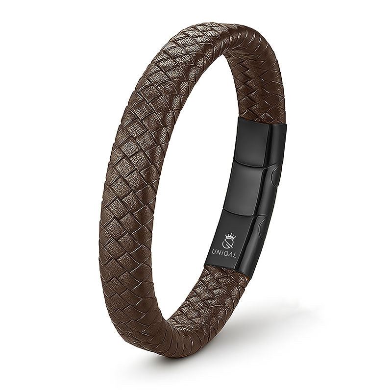 Desire Armband Geflochtenes Echtleder Dunkelbraun Edelstahl Magnetverschluss Verlängerungsglied Gravierbar 19 21 23 cm