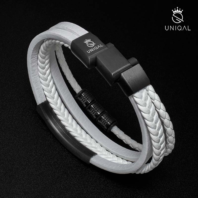 White Shape Lederarmband Echtes Rindsleder Edelstahl Akzenten Gravierbar Unisex Größen 19 21 23 cm Weiß Schwarz