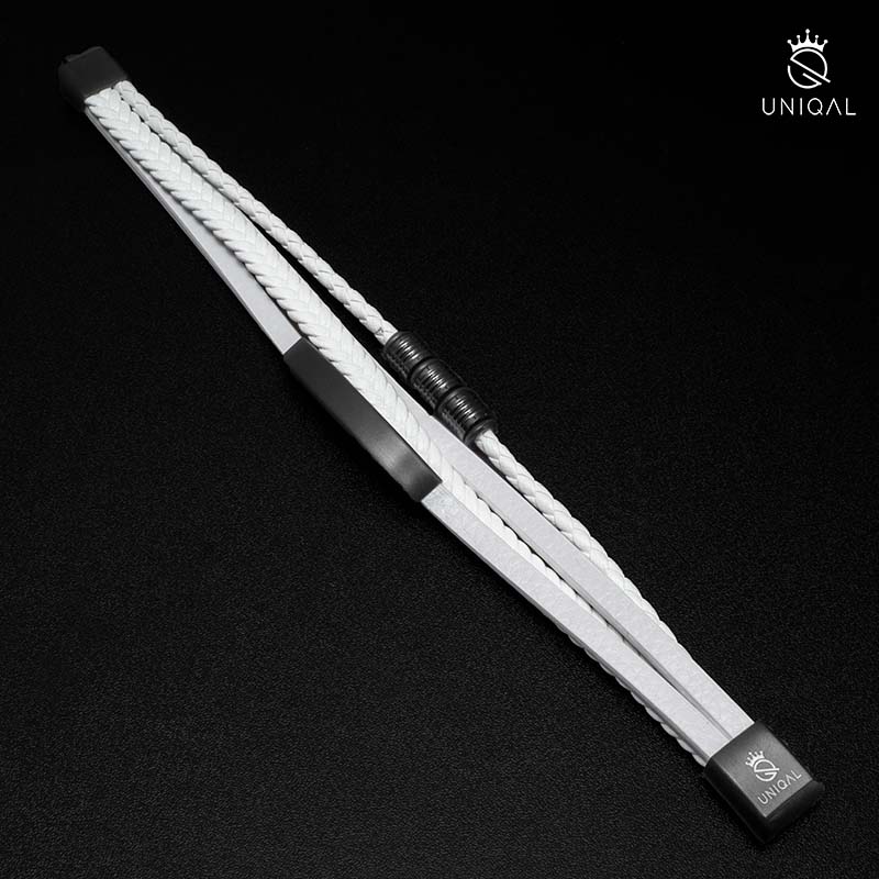 White Shape Lederarmband Echtes Rindsleder Edelstahl Akzenten Gravierbar Unisex Größen 19 21 23 cm Weiß Schwarz