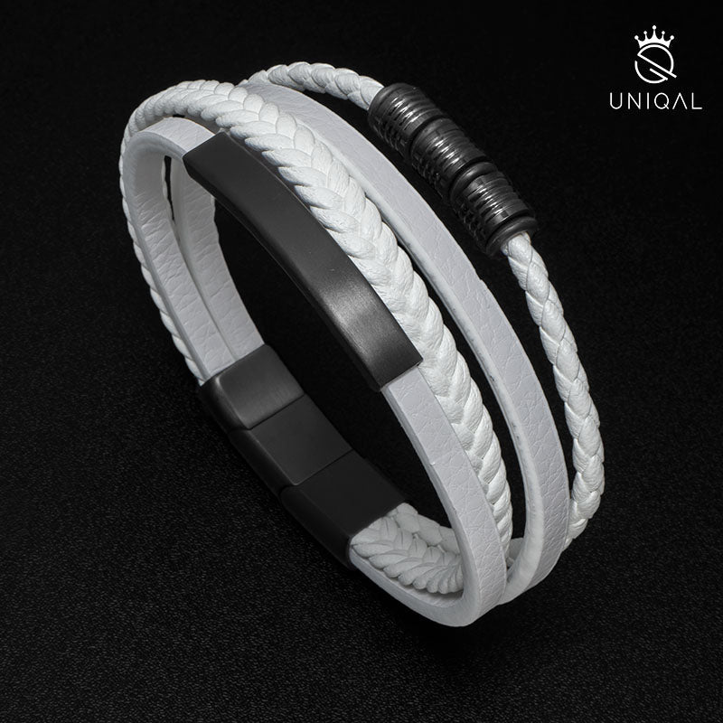 White Shape Lederarmband Echtes Rindsleder Edelstahl Akzenten Gravierbar Unisex Größen 19 21 23 cm Weiß Schwarz