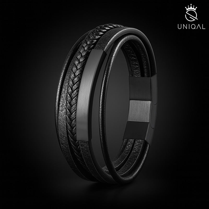 Schwarzes Lederarmband Mit Edelstahl Akzenten Gravierbar Unisex Inklusive Luxus Etui Größen 19 21 23 Cm