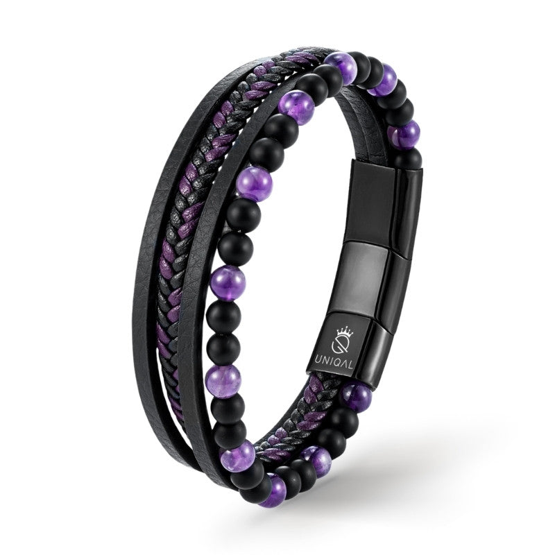 Fancy Amethyst Lederarmband Herren Unisex Mit Gravur Gravierbar In 19 21 23 cm Kostenloses Luxus Etui