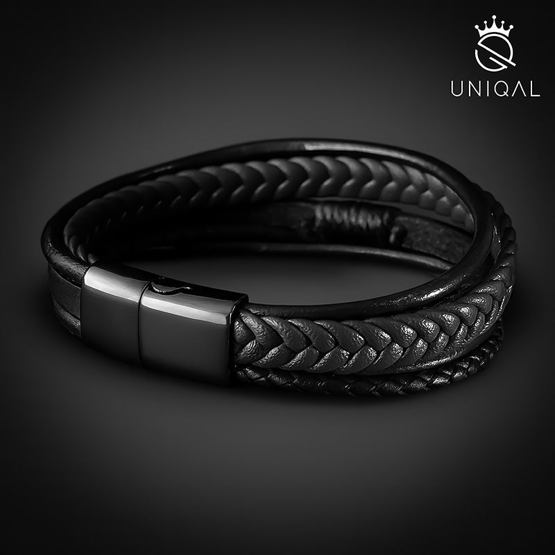 Black Shadow Lederarmband Unisex Gravierbar Mit Fünf Schwarzen Strängen Größen 19 21 23 Cm Kostenloses Luxus Etui