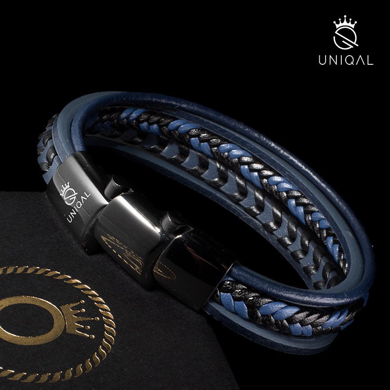 Armara Blue Leder Armband Unisex Mit Gravur Blau Und Schwarze Details Größen 19 21 23 cm Inklusive Luxus Etui