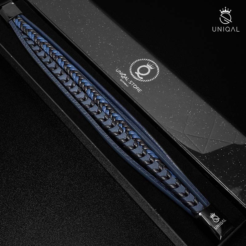 Armara Blue Leder Armband Unisex Mit Gravur Blau Und Schwarze Details Größen 19 21 23 cm Inklusive Luxus Etui