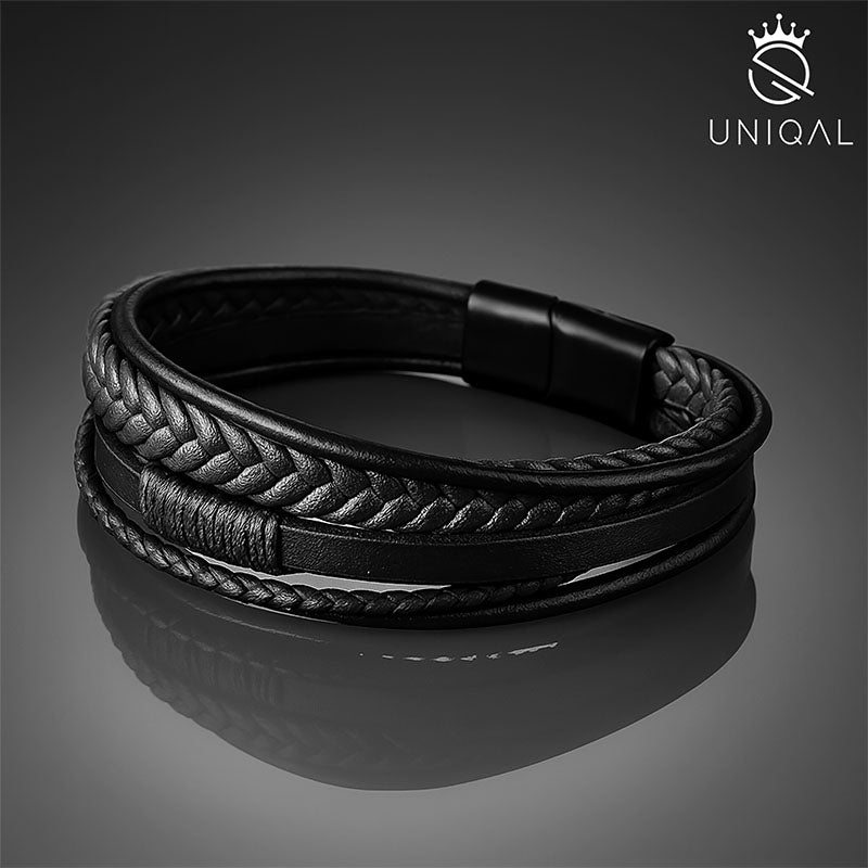Black Shadow Lederarmband Unisex Gravierbar Mit Fünf Schwarzen Strängen Größen 19 21 23 Cm Kostenloses Luxus Etui