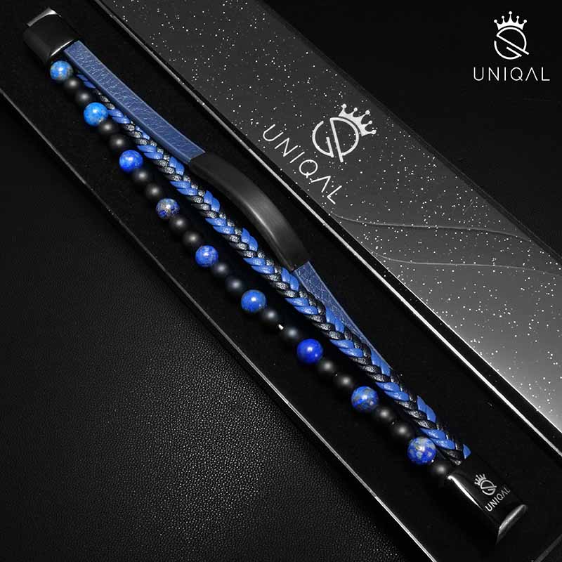 Jadore Lapis Lazuli Lederarmband Unisex Flexible 19, 21 Und 23 cm Gravierbar Mit Luxus Etui Inklusive