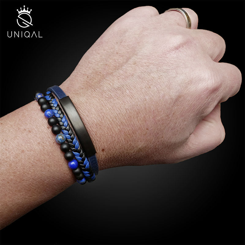 Jadore Lapis Lazuli Lederarmband Unisex Flexible 19, 21 Und 23 cm Gravierbar Mit Luxus Etui Inklusive