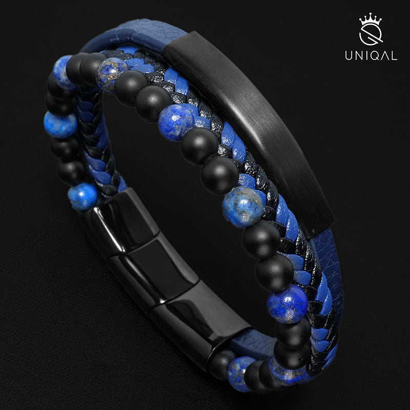 Jadore Lapis Lazuli Lederarmband Unisex Flexible 19, 21 Und 23 cm Gravierbar Mit Luxus Etui Inklusive