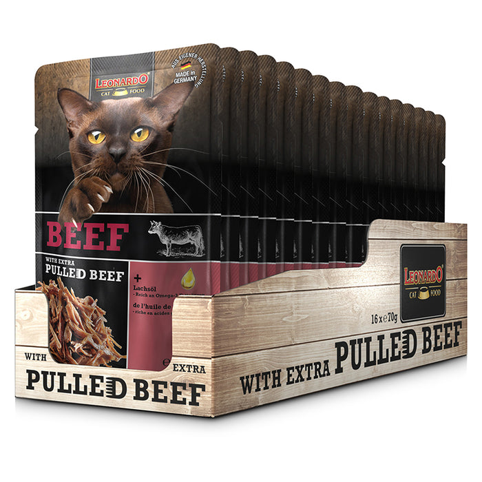 LEONARDO Beef + extra pulled Beef – Nassfutter für Katzen (Frischebeutel)