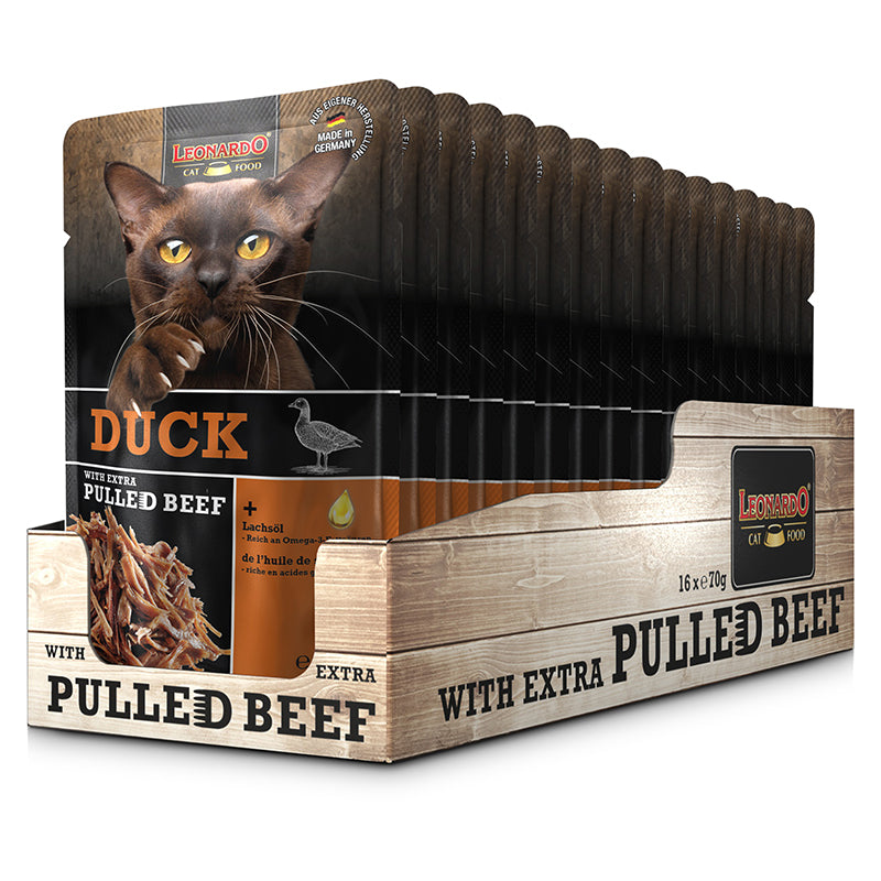 LEONARDO Duck + extra pulled Beef – Nassfutter für Katzen (Frischebeutel)