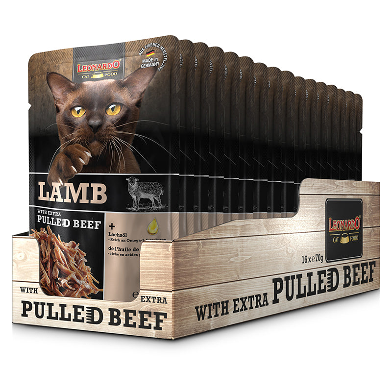 LEONARDO Lamb + extra pulled Beef – Nassfutter für Katzen (Frischebeutel)
