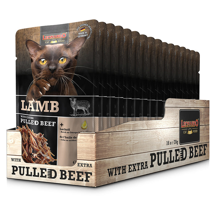 LEONARDO Lamb + extra pulled Beef – Nassfutter für Katzen (Frischebeutel)